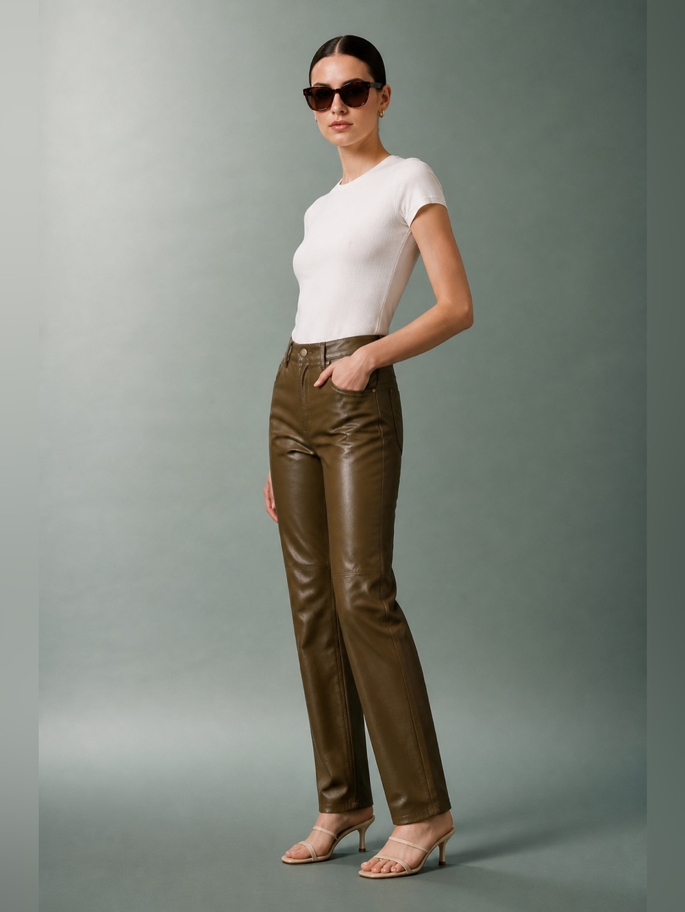 Vintage Y2K Nine West Bootcut Genuine Leather Green Moto Pants Womens Size 8